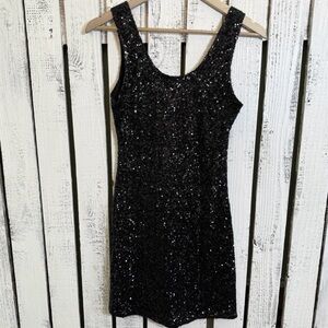 Myan Y2K Sequin Little Black Dress Size Medium Stretch‎ Bodycon Festive Holiday